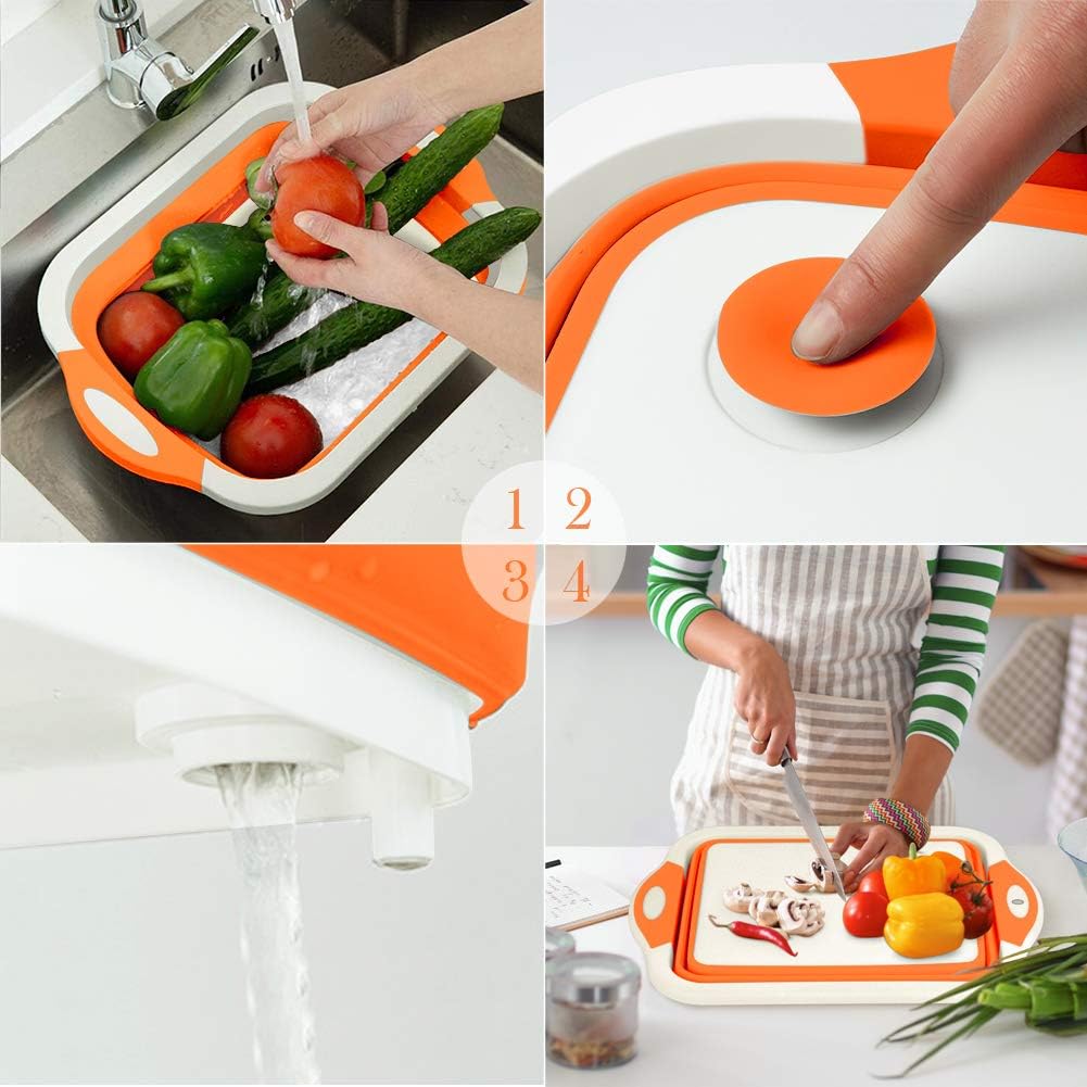 Collapsible Cutting Board, Foldable Chopping Board with Colander, Multifunctional Kitchen Vegetable Washing Basket Silicone Dish Tub for BBQ Prep/Picnic/Camping(Orange)
