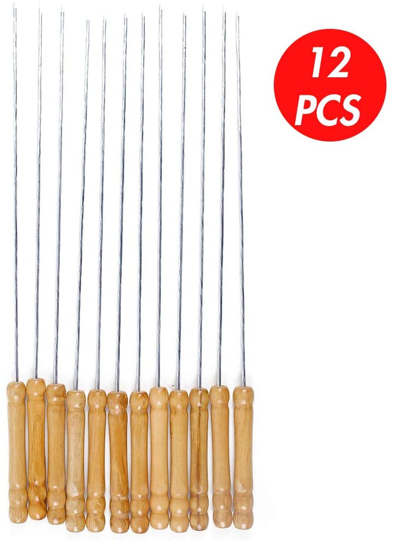 HAKSEN 12 PCS Barbecue Skewers with Wood Handle Marshmallow Roasting Sticks Meat Hot Dog Fork Best for BBQ Camping Cookware Campfire Grill Cooking, Stainless Steel,12 Inches(Including Handle)