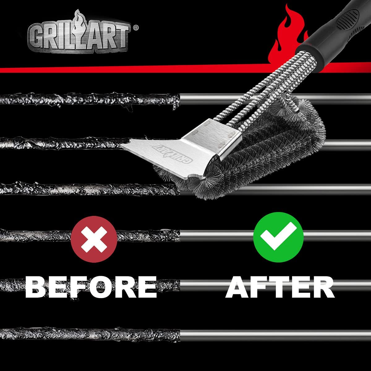 Grill Brush and Scraper, Extra Strong BBQ Cleaner Accessories, Safe Wire Bristles 18" Barbecue Triple Scrubbers Cleaning Brush for Gas/Charcoal Grilling Grates, Wizard Tool BR-8115