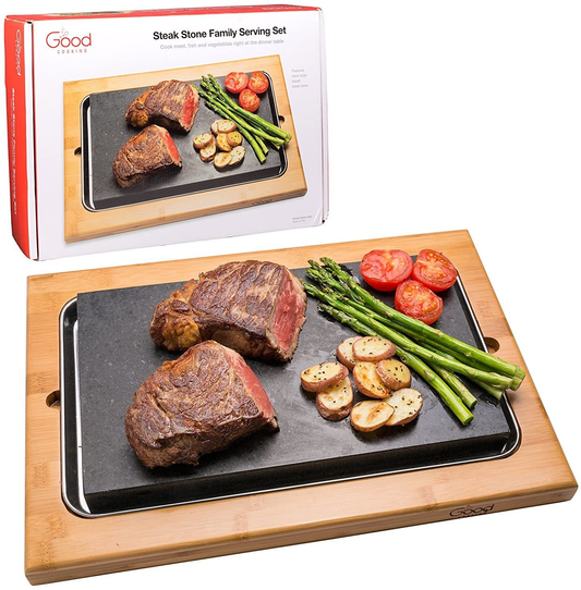 Cooking Stone- Extra Large Lava Hot Stone Tabletop Grill Cooking Platter and Cold Lava Rock Indoor BBQ Hibachi Grilling Stone (12.5" X 7.5") W Bamboo Platter