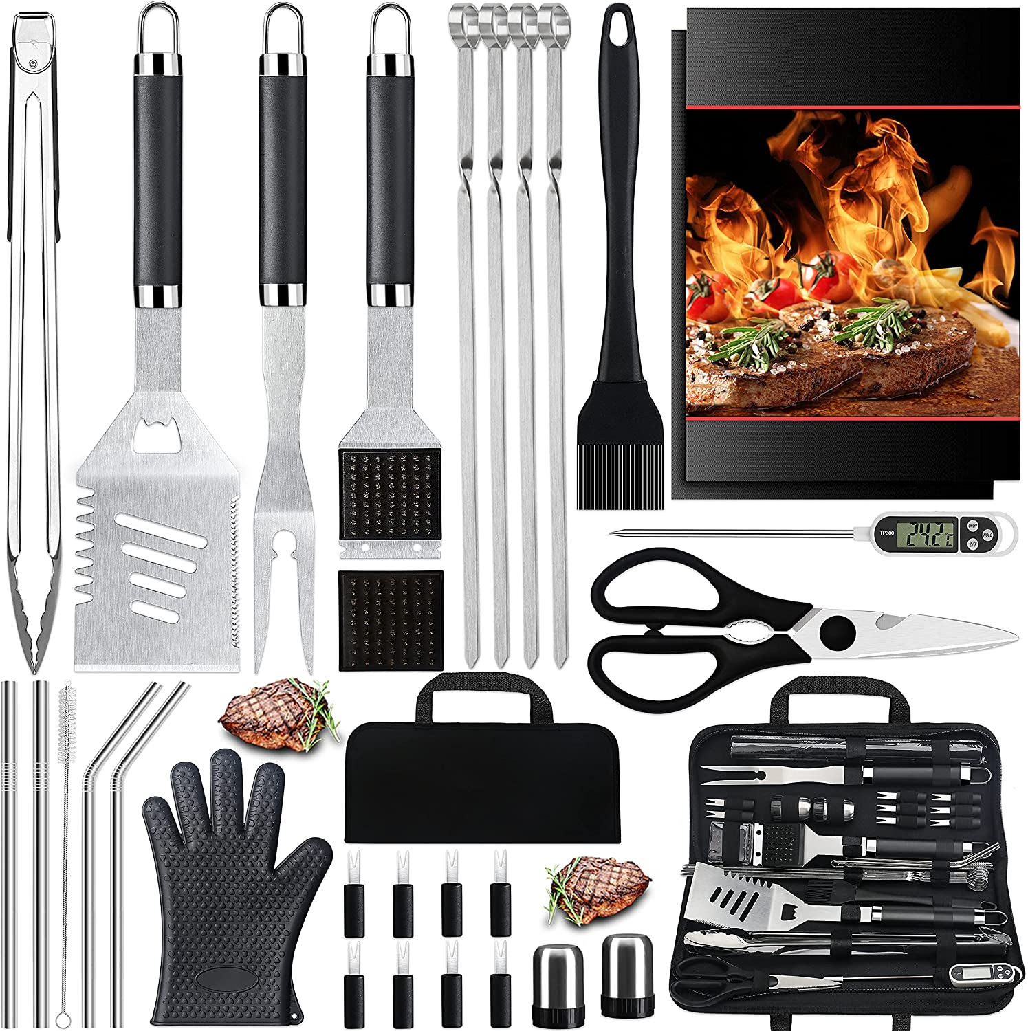 31PC Heavy Duty BBQ Grilling Accessories Grill Tools Set - Stainless Steel Grilling Kit with Storage Bag for Camping, Tailgating - Perfect Barbecue Utensil Gift for Men Women