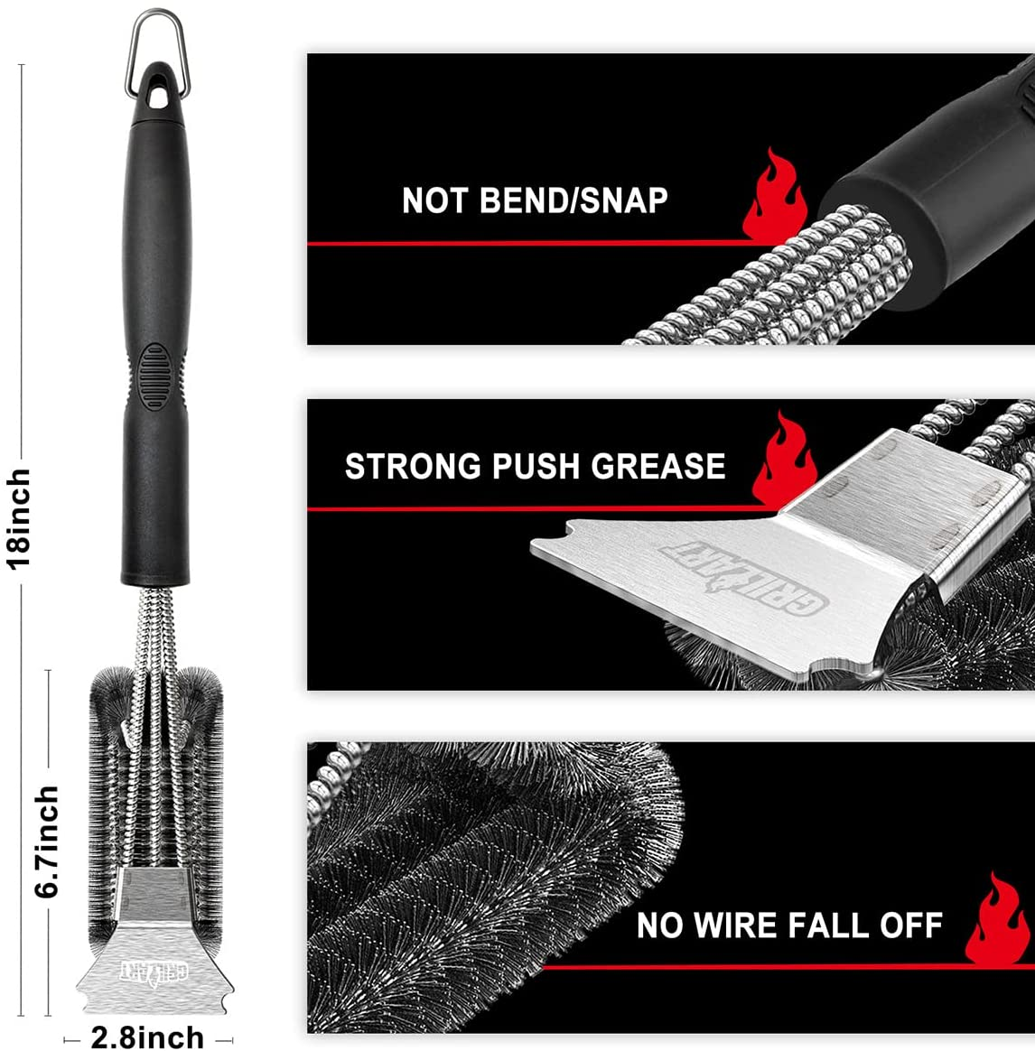 Grill Brush and Scraper, Extra Strong BBQ Cleaner Accessories, Safe Wire Bristles 18" Barbecue Triple Scrubbers Cleaning Brush for Gas/Charcoal Grilling Grates, Wizard Tool BR-8115