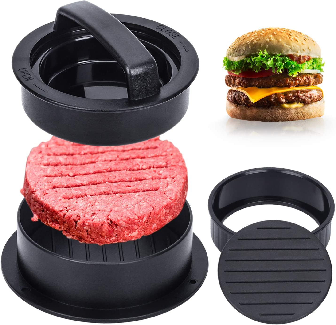 Hamburger Press, Hamburger Press Patty Maker, 3 in 1 Stuffed Burger Press Patty Maker, Patty Press for Stuffed Burgers, Sliders, Beef Burger, Non Stick Kitchen Barbecue Tool Grilling Accessories