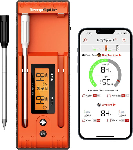 Twin Tempspike 500FT Truly Wireless Meat Thermometer with 2 Meat Probes, Bluetooth Meat Thermometer with Lcd-Enhanced Booster, Meat Thermometer Wireless for Rotisserie BBQ Grill Oven Smoker