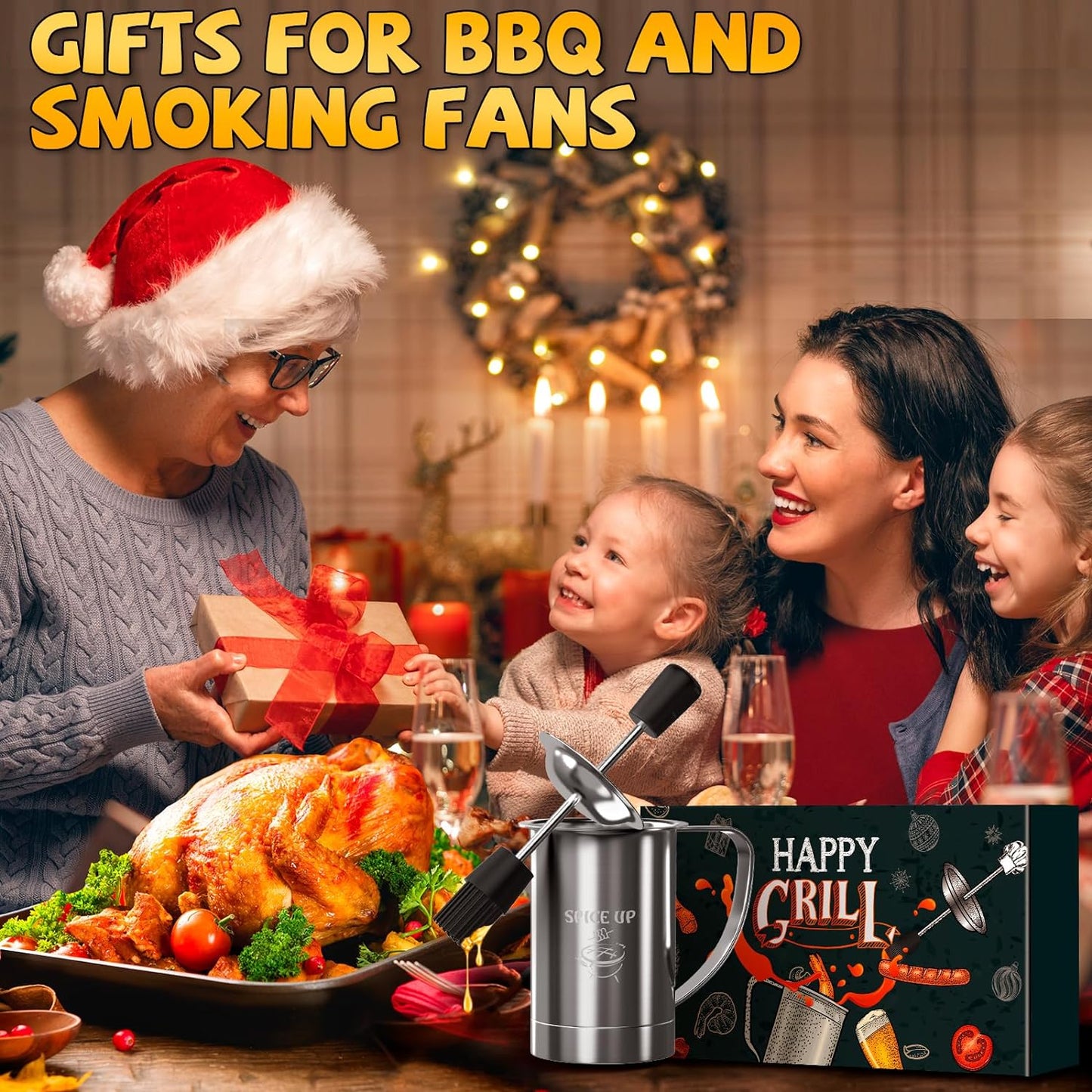 Grilling Accessories Men Women Gifts - BBQ Baster Brush and Sauce Basting Pot Set Christmas Stocking Stuffers Dad Mom Him Grandparents Chef Tools Smoker Unique Cooking Gadgets Kitchen Essentials