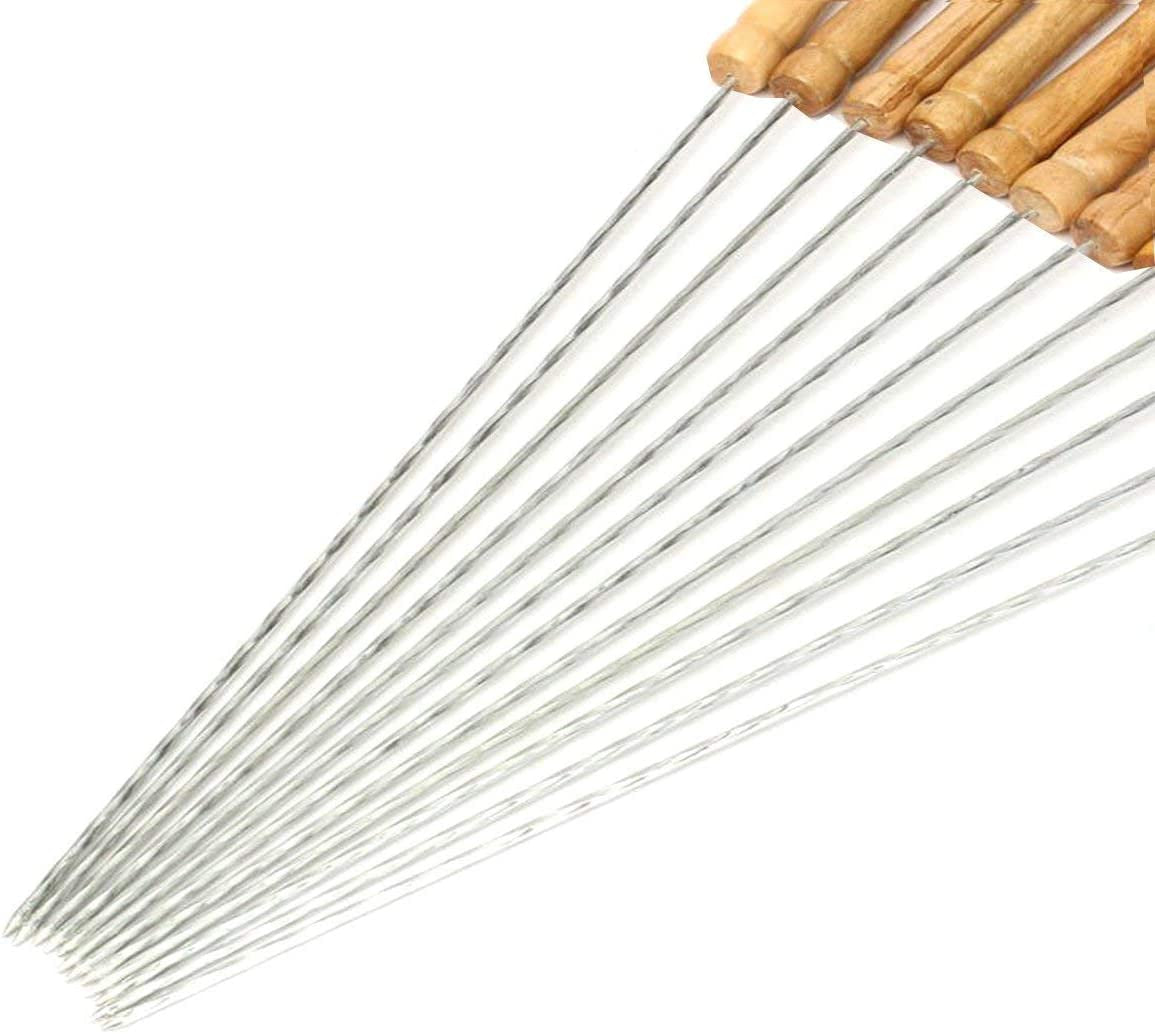 HAKSEN 12 PCS Barbecue Skewers with Wood Handle Marshmallow Roasting Sticks Meat Hot Dog Fork Best for BBQ Camping Cookware Campfire Grill Cooking, Stainless Steel,12 Inches(Including Handle)