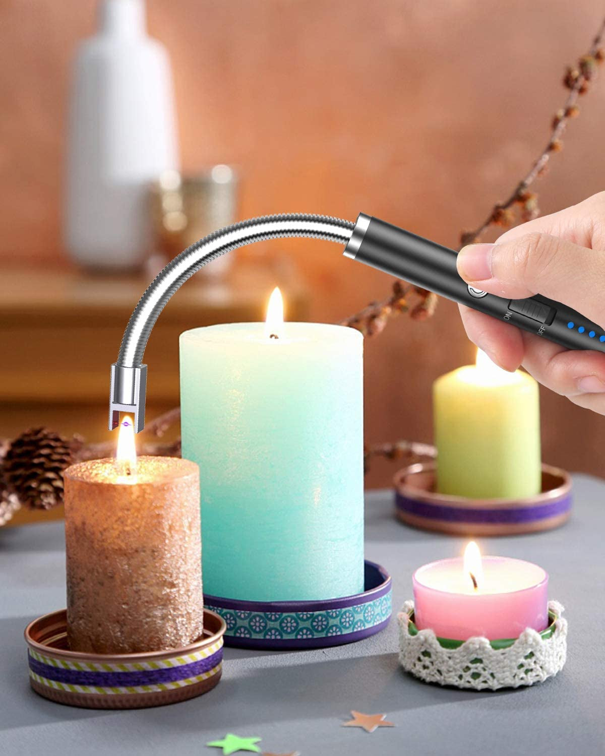 Candle Lighter, Electric Rechargeable Arc Lighter with LED Battery Display Long Flexible Neck USB Lighter for Light Candles Gas Stoves Camping Barbecue
