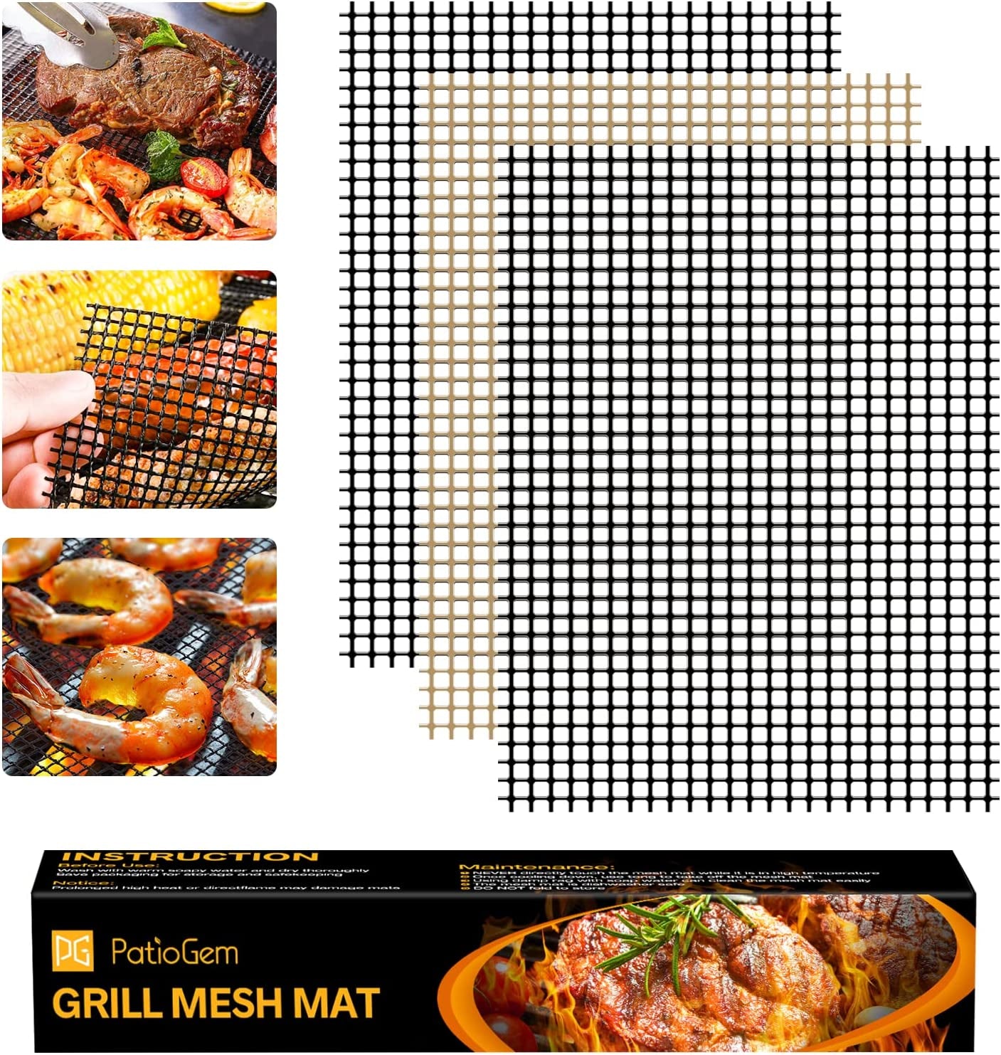 Reusable Mesh Mat, Reusable Grill Mesh Mats for Outdoor Grill Nonstick BBQ Mats for Grilling, Grill Set of 3, Nonstick Grill Mat, Mats for Grilling, BBQ Accessories Mesh Grill Mat - 40X33CM