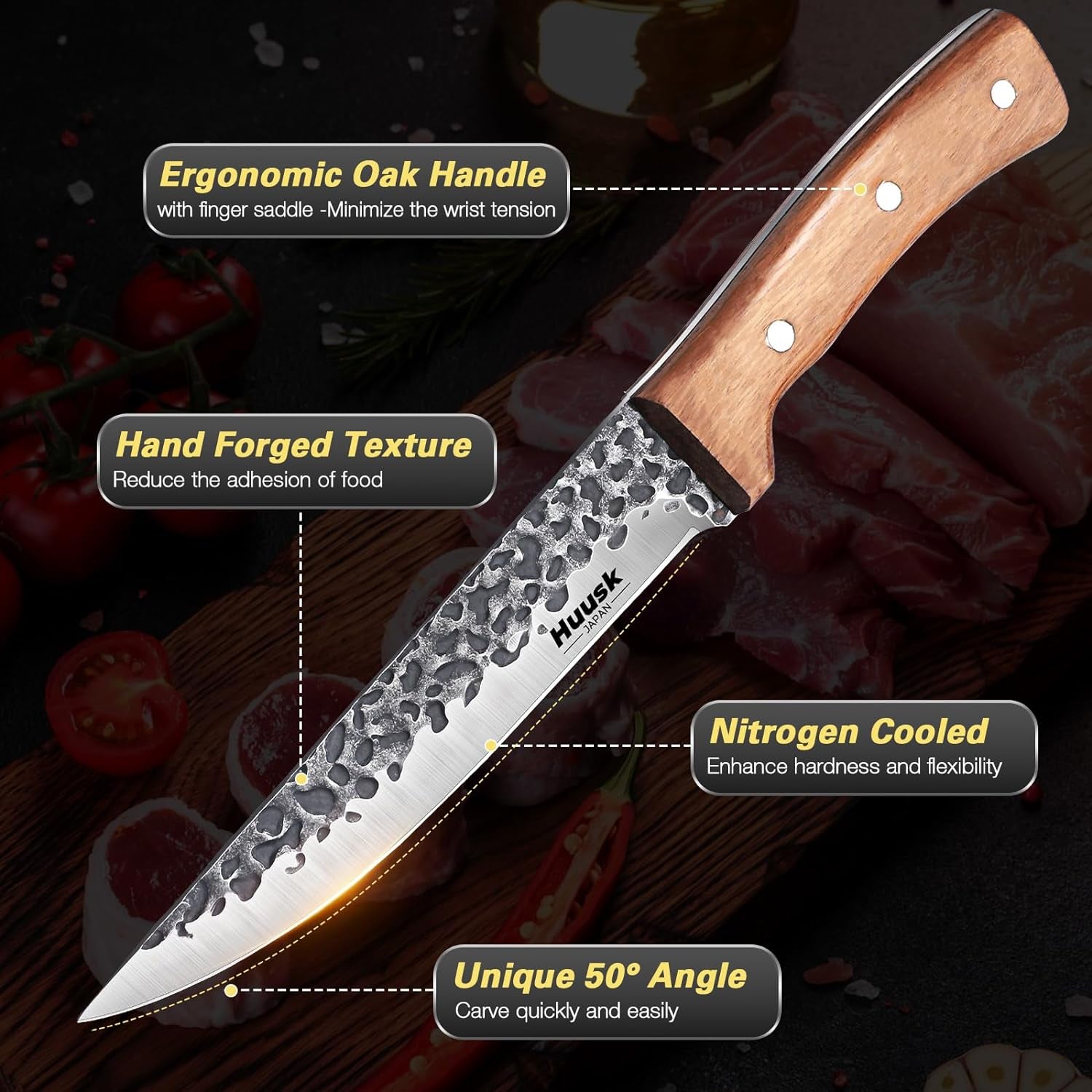 Huusk Knives from Japan, Boning Knife for Meat Cutting 6 Inch, Butcher Knife for Brisket Trimming, Viking Knife with Sheath for Outdoor Cooking, Full Tang Kitchen Utility Knife, Thanksgiving Gifts