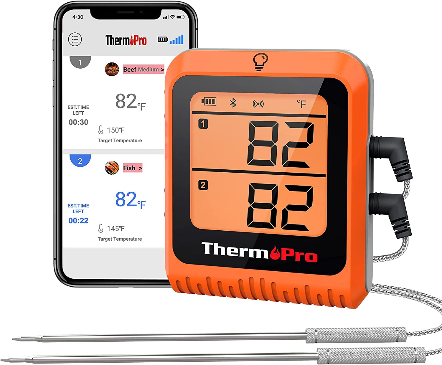 Wireless Meat Thermometer of 650FT, Bluetooth Meat Thermometer for Smoker Oven, Grill Thermometer with Dual Probes, Smart Rechargeable BBQ Thermometer for Cooking Turkey Fish Beef