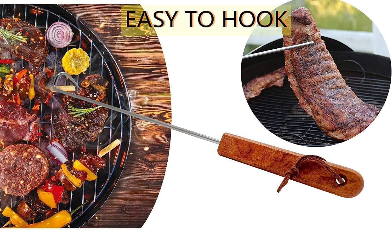 LQLMCOS Food Flipper Turner Hooks Stainless Steel BBQ Meat Hooks Cooking Barbecue Turners Hooks Grill Accessories with Wooden Handle for Grilling & Smoking (Style A-One Pack)