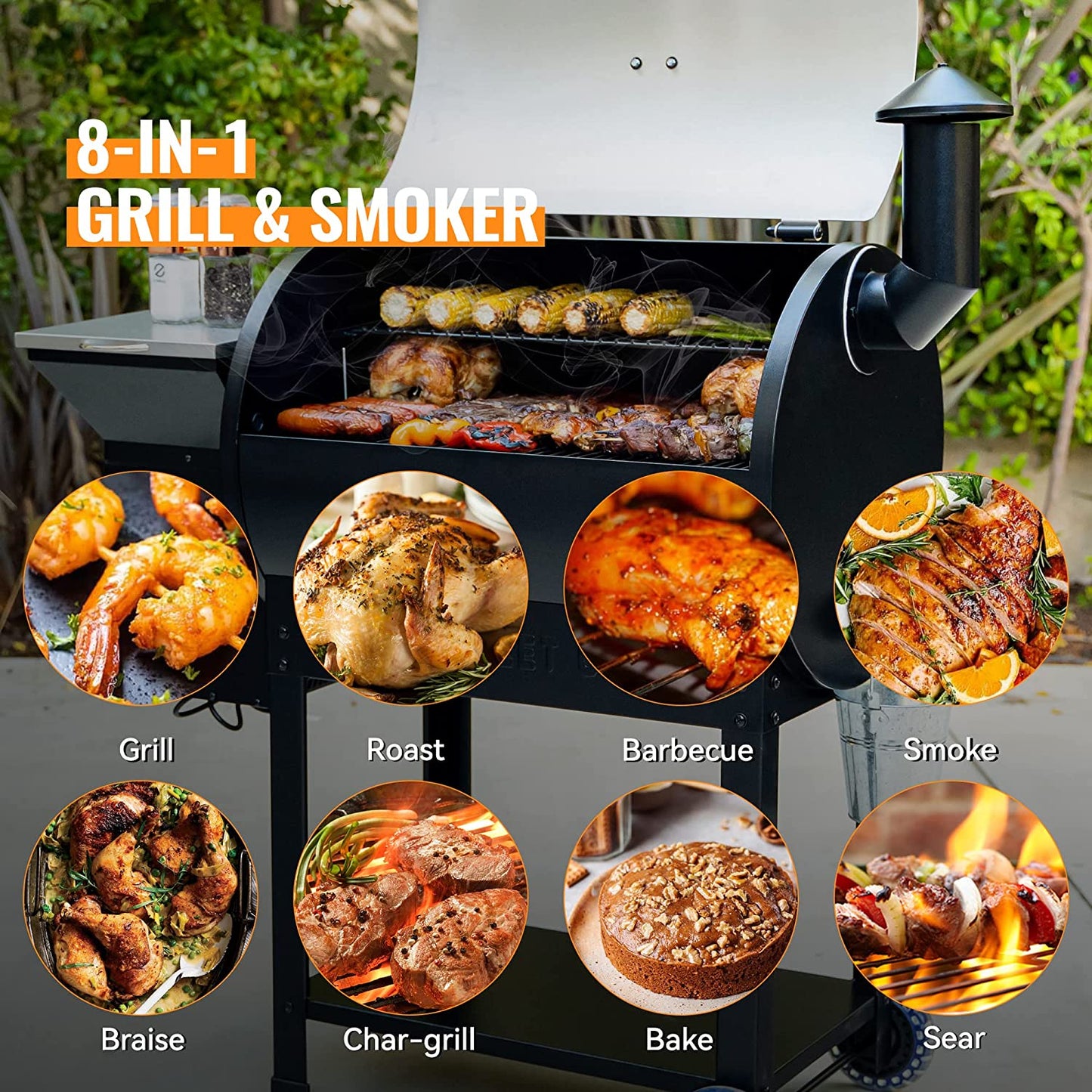 "Ultimate Outdoor Cooking Experience: 8 in 1 Wood Pellet Grill & Smoker with Auto Temperature Control, Massive 697 Sq in Cooking Area - Get the 7002E Now!"